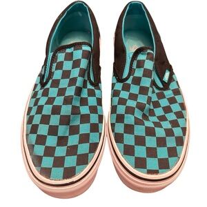 Vans Teal and Black Checkerboard Slip-Ons | Men 8.5 / Women 10